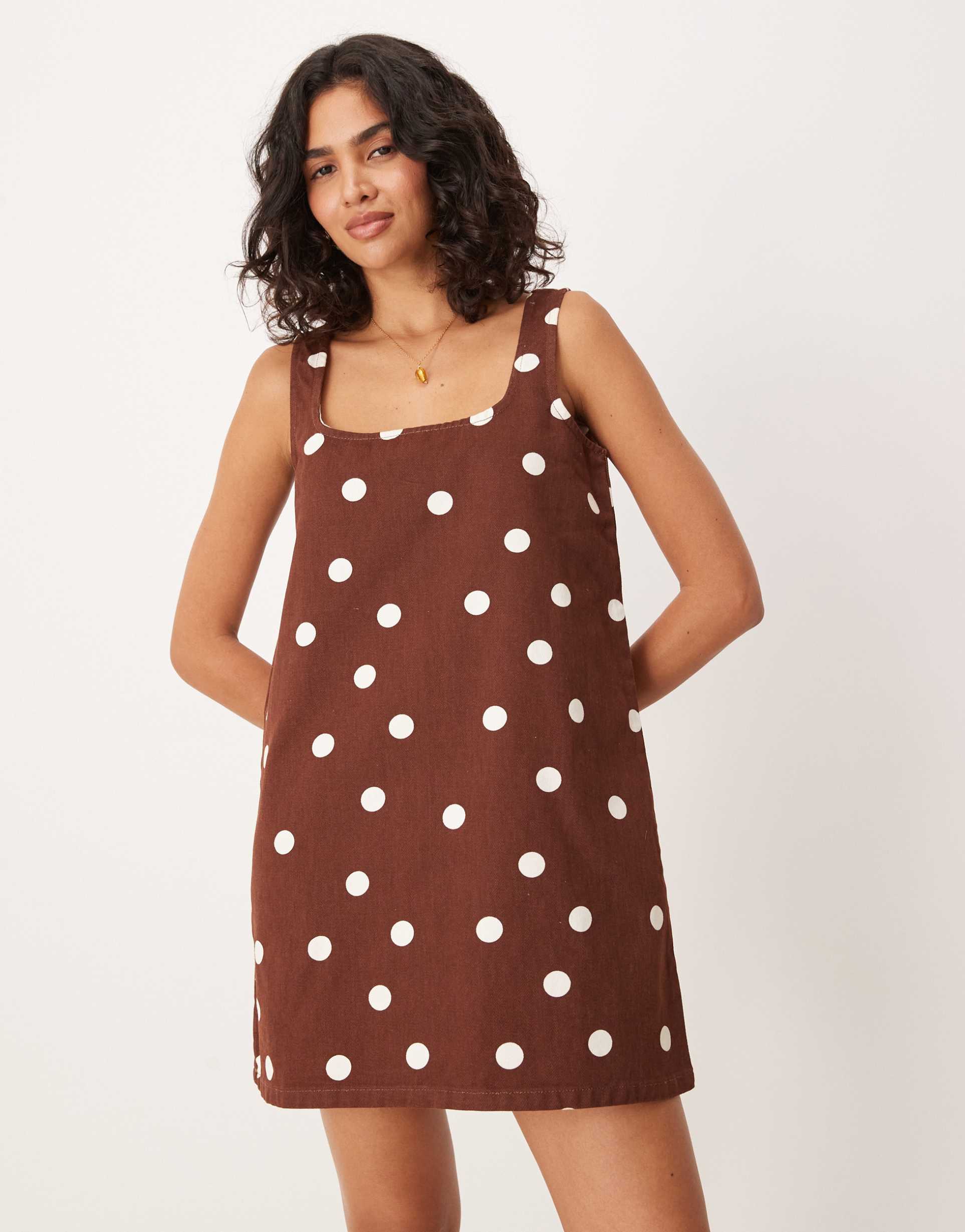 asos design square neck denim mini dress in brown polka dot