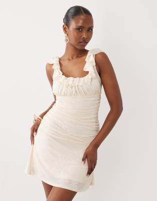 Asos Design Square Neck Devore Mini Dress With Lace-up Back In Brown