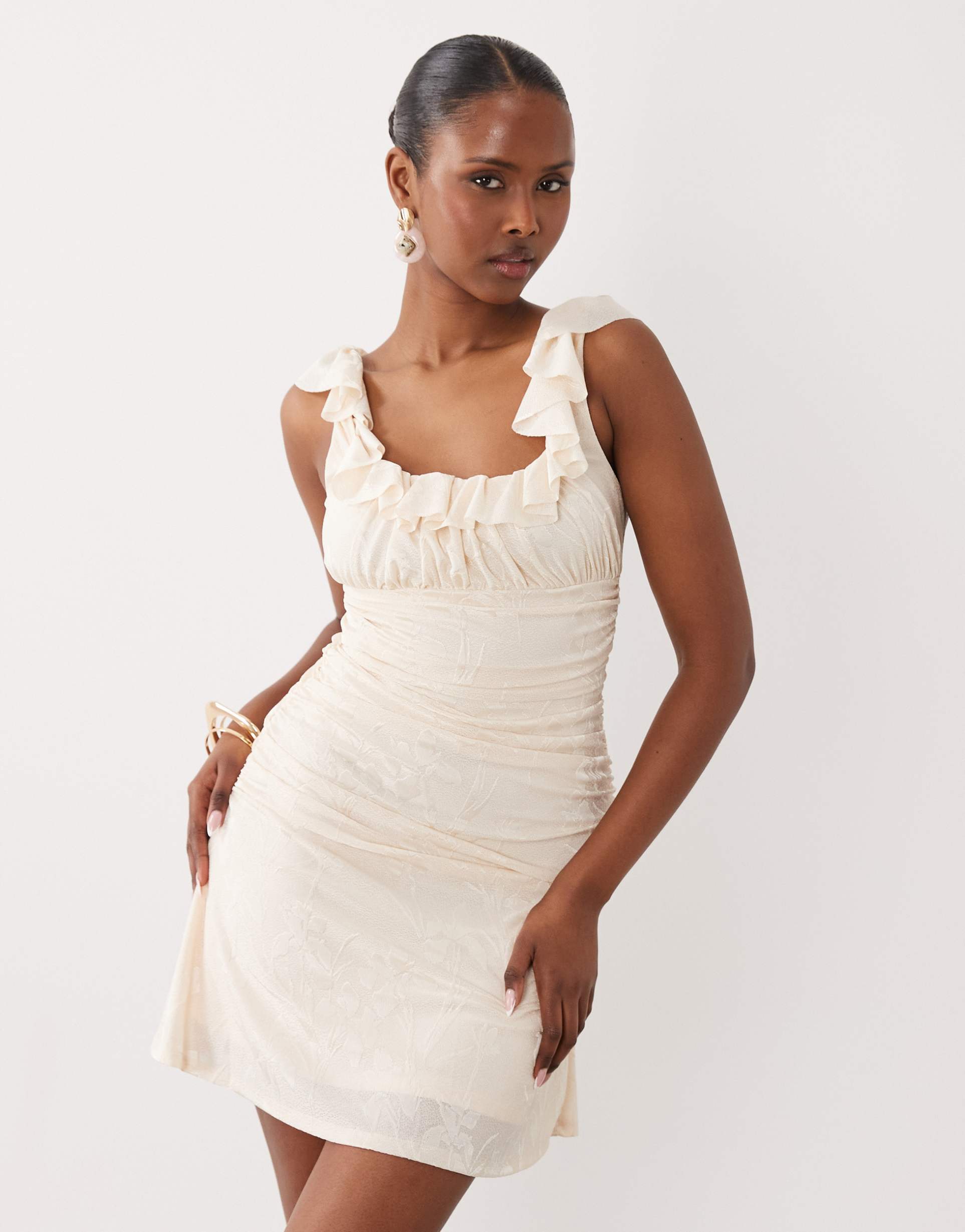 asos design square neck devore mini dress with lace-up back in cream