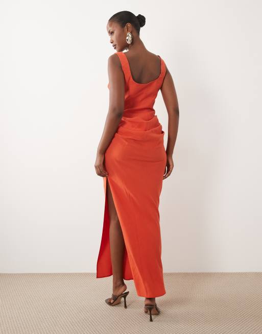 ASOS DESIGN square neck draped bodice and waist detail maxi dress with side split in orange, 2 of 4