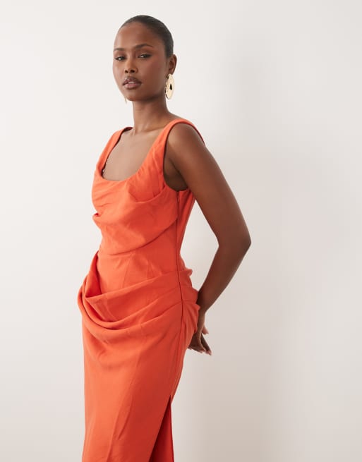 ASOS DESIGN square neck draped bodice and waist detail maxi dress with side split in orange, 3 of 4