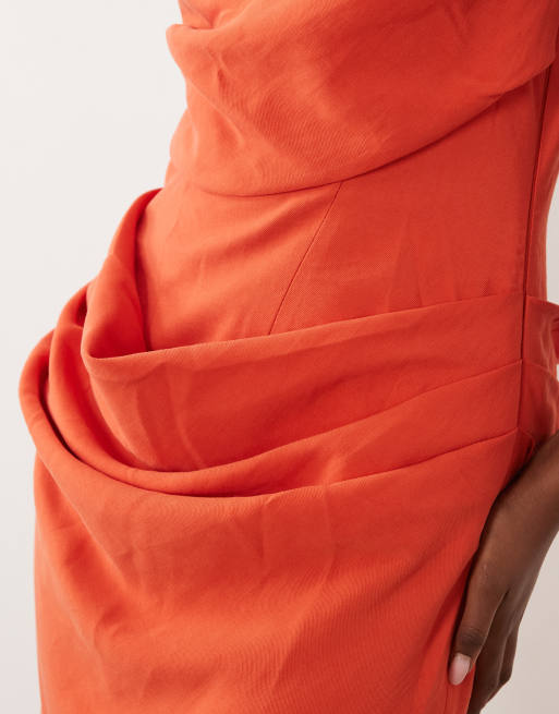 ASOS DESIGN square neck draped bodice and waist detail maxi dress with side split in orange, 4 of 4