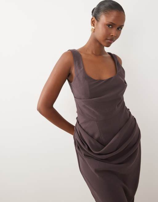ASOS DESIGN square neck draped bodice and waist detail maxi dress with side split in raisin, 3 of 4