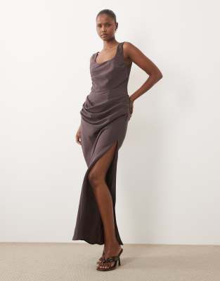 Asos Design Square Neck Draped Bodice And Waist Detailing Maxi Dress With Side Slit In Brown