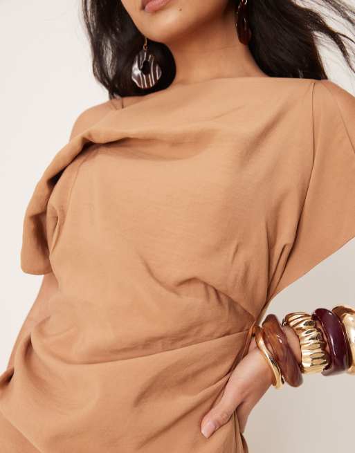ASOS DESIGN square neck draped midaxi dress in tobacco