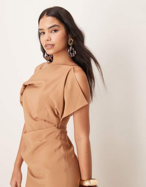 ASOS DESIGN square neck draped midaxi dress in tobacco