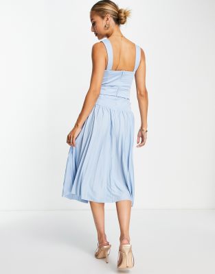 ASOS DESIGN square neck dropped waist belted pleated midi