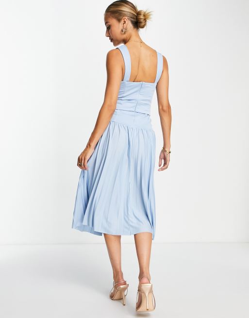 ASOS DESIGN square neck dropped waist belted pleated midi dress in powder blue