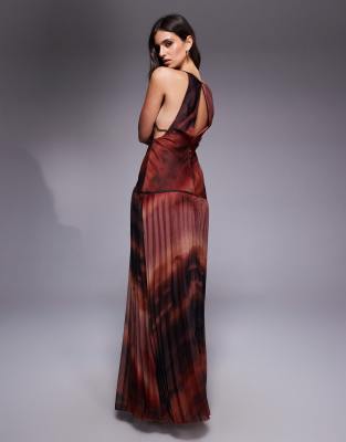 Asos Design Square Neck Dropped Waist Maxi Dress With Pleated Skirt In Brown