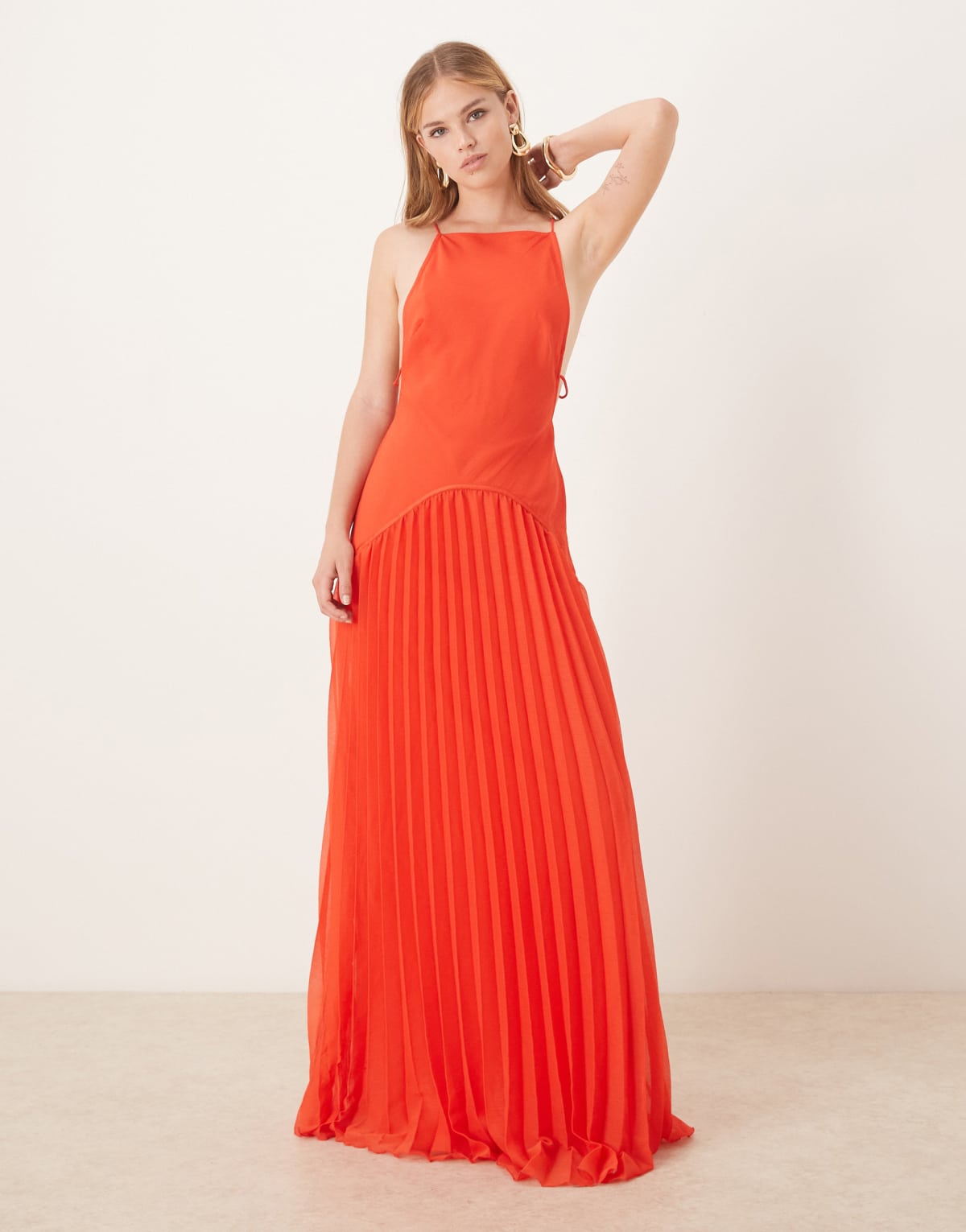 ASOS DESIGN square neck dropped waist maxi dress with pleated skirt in red