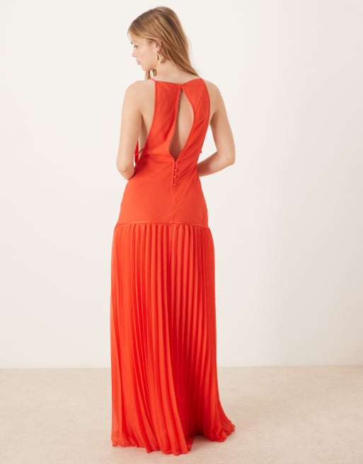 ASOS DESIGN square neck dropped waist maxi dress with pleated skirt in red