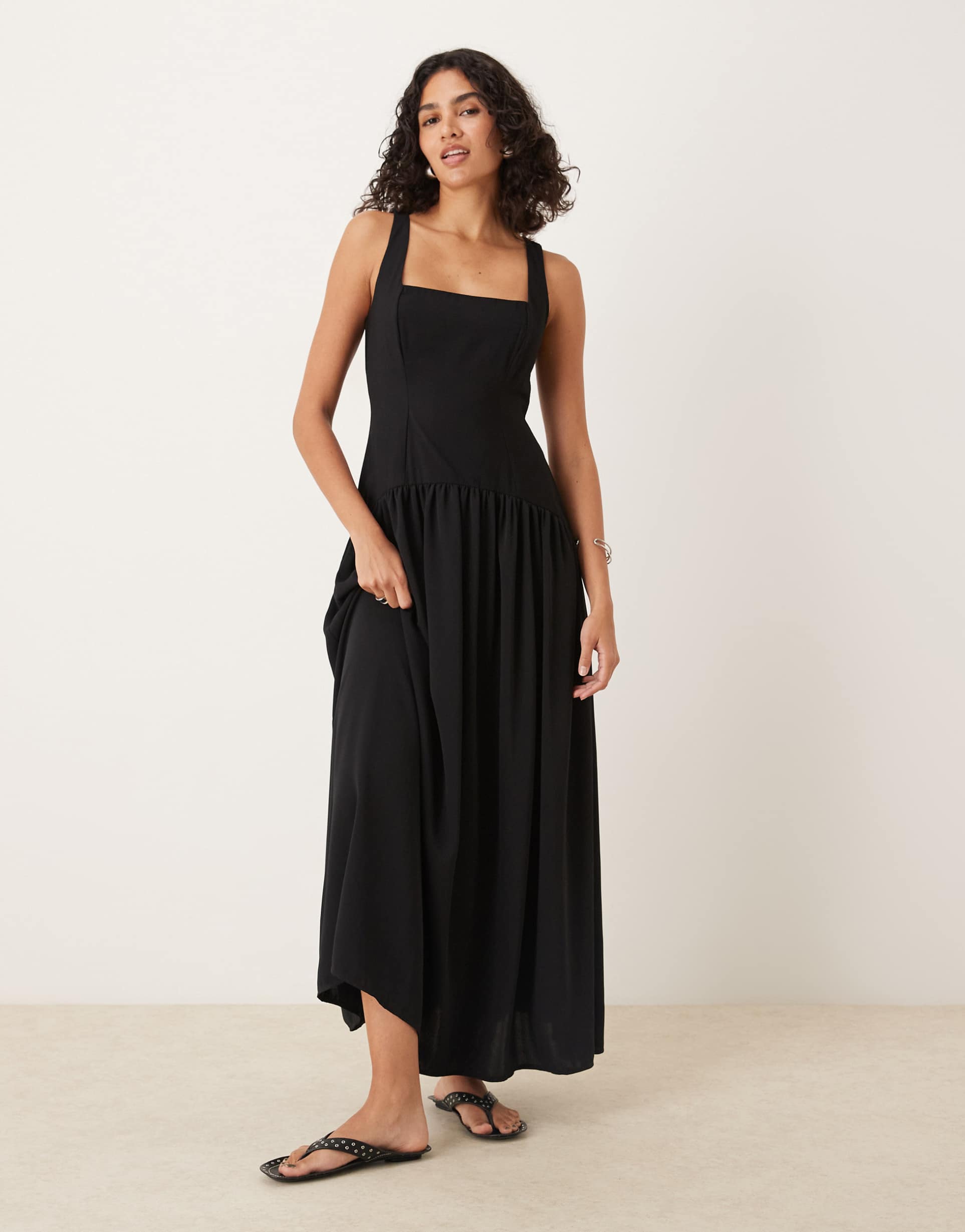 asos design square neck dropped waist midi dress in black