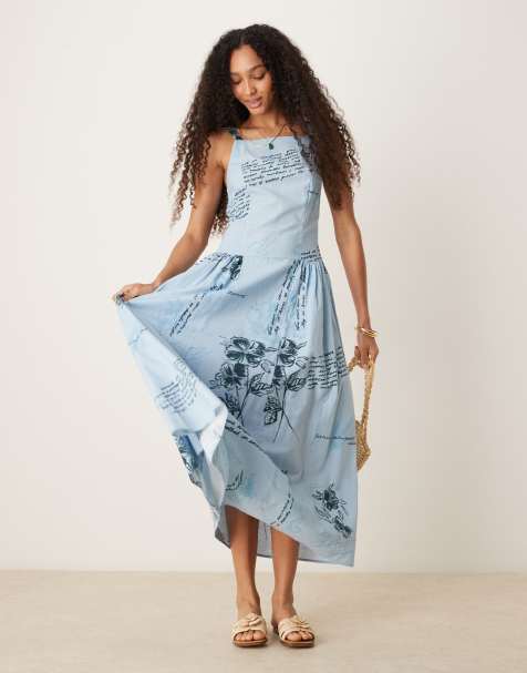 ASOS DESIGN square neck dropped waist midi dress in blue floral - view 1