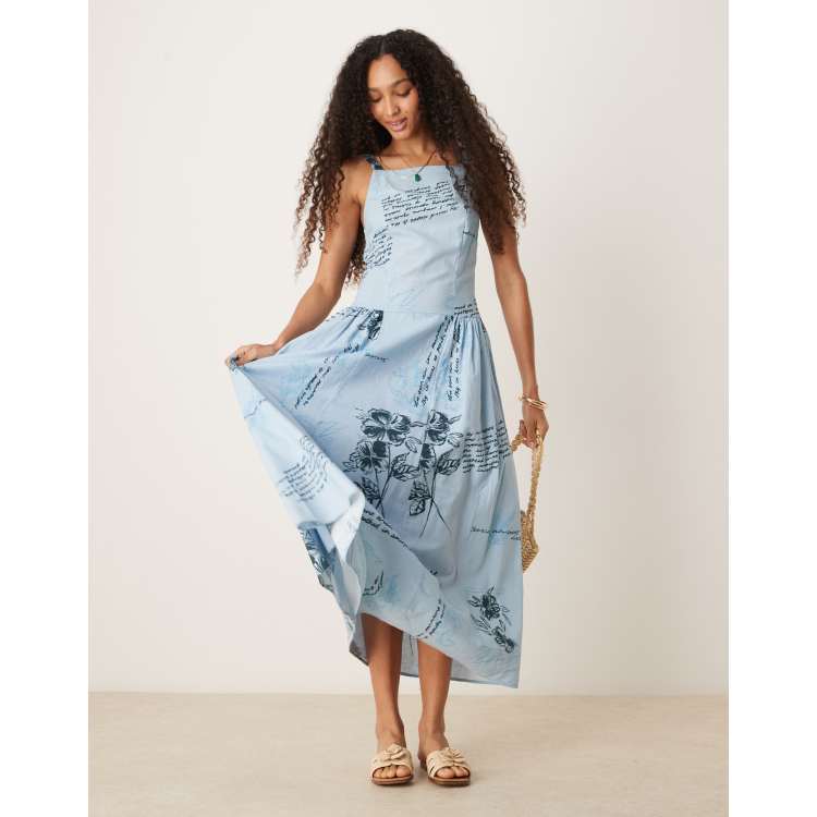 ASOS DESIGN square neck dropped waist midi dress in blue floral | ASOS