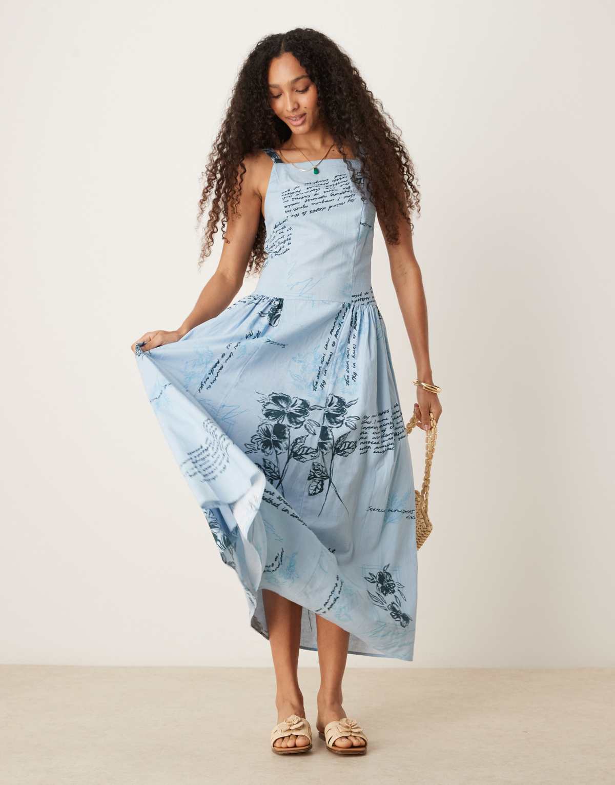 ASOS DESIGN square neck dropped waist midi dress in blue floral