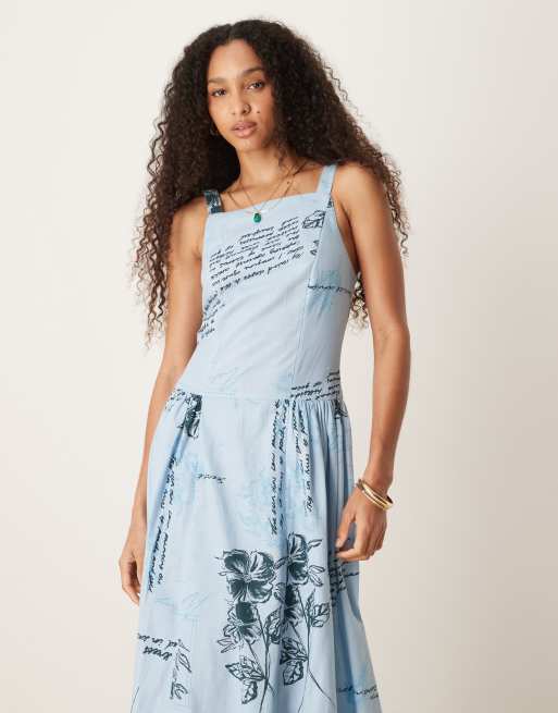 ASOS DESIGN square neck dropped waist midi dress in blue floral