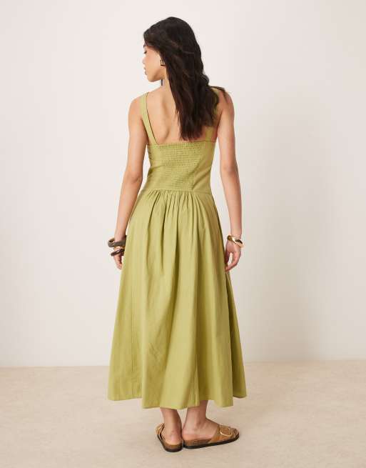 ASOS DESIGN square neck dropped waist midi dress in green