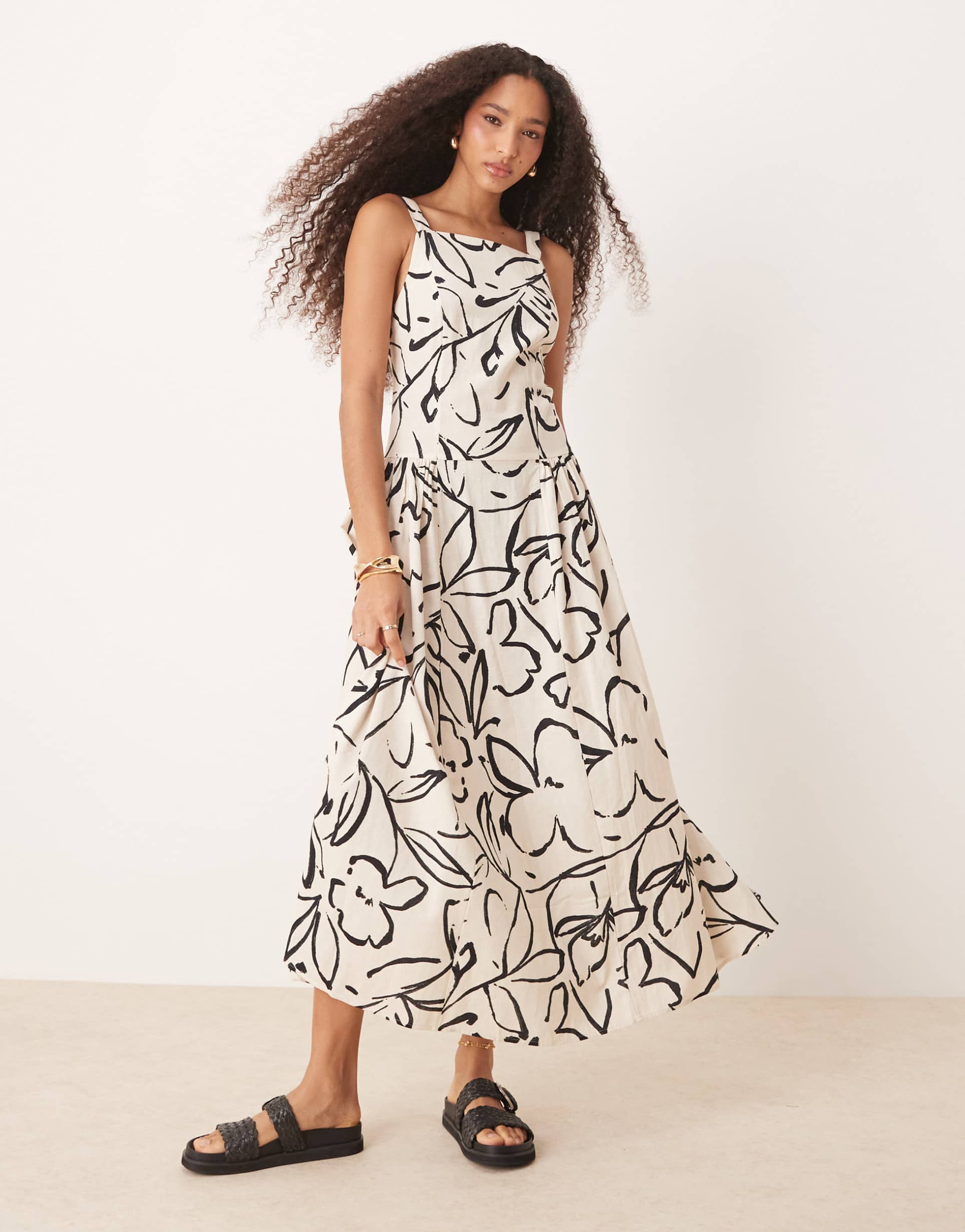 asos design square neck dropped waist midi dress in neutral floral print