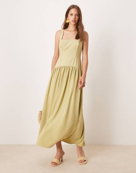 ASOS DESIGN square neck dropped waist midi dress in olive - view 1