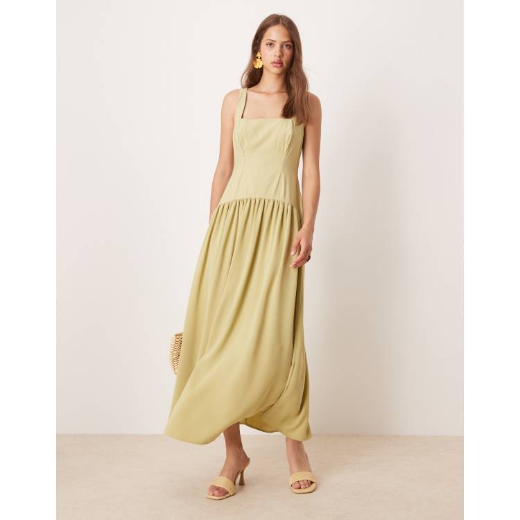 ASOS DESIGN square neck dropped waist midi dress in olive | ASOS