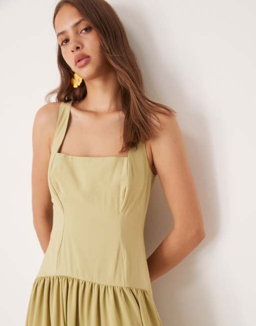 ASOS DESIGN square neck dropped waist midi dress in olive