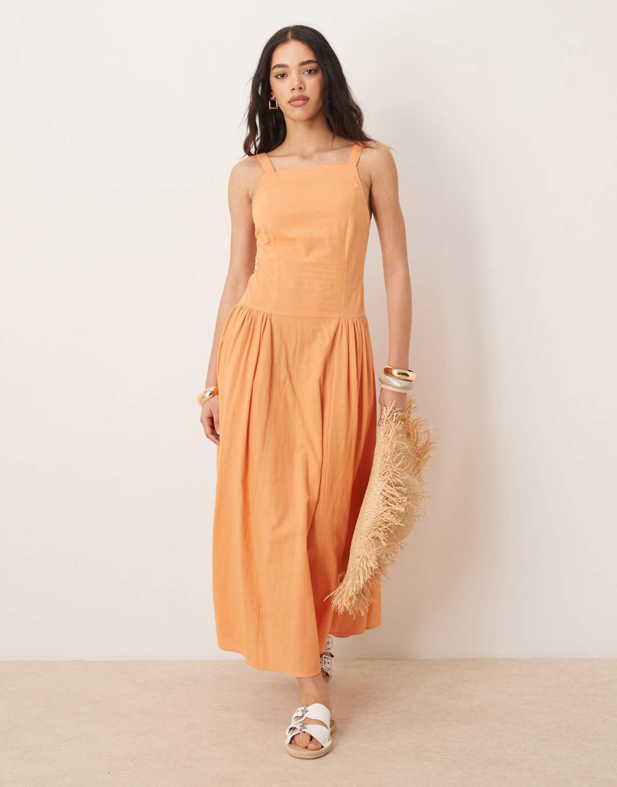 ASOS DESIGN square neck dropped waist midi dress in papaya