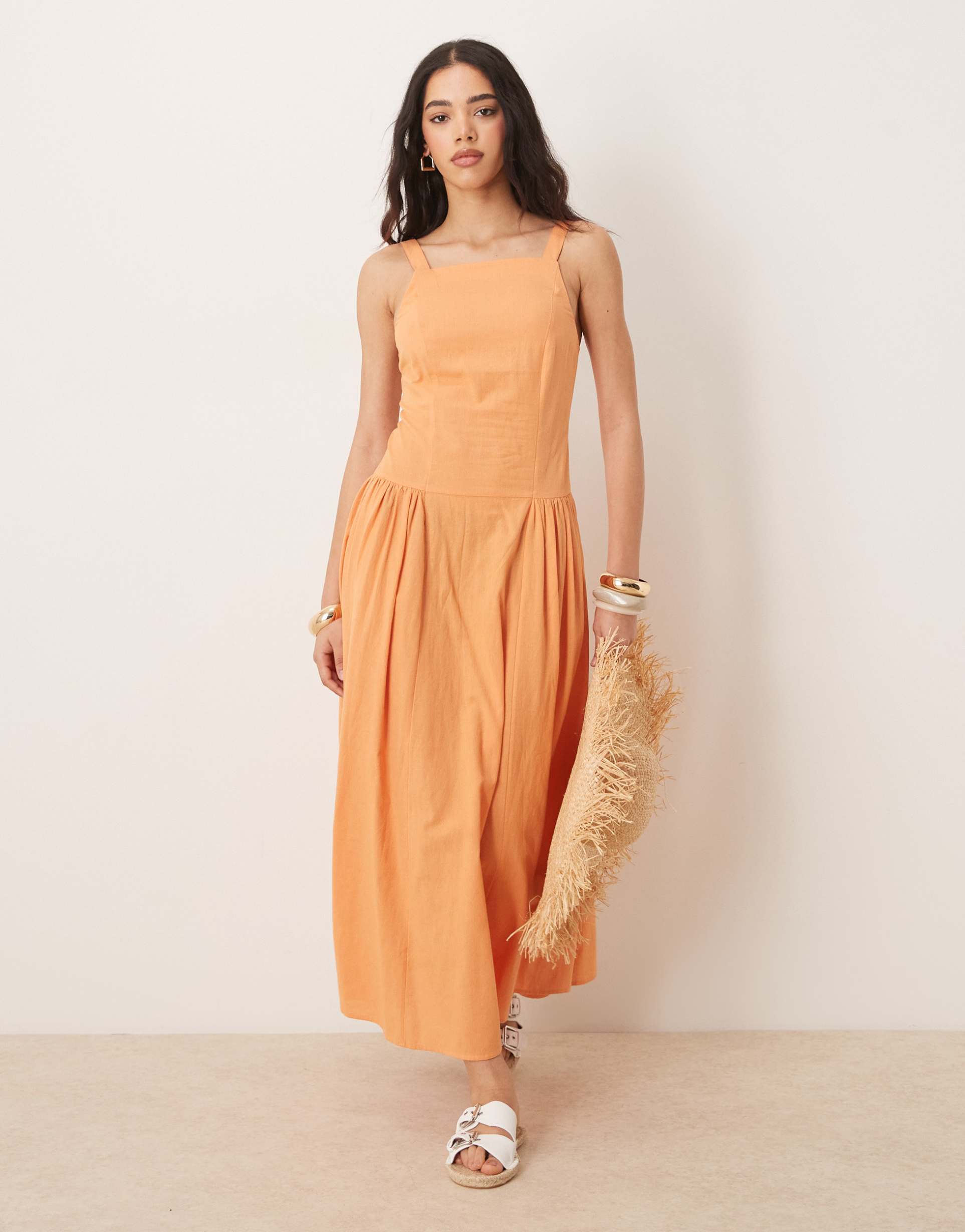 asos design square neck dropped waist midi dress in papaya