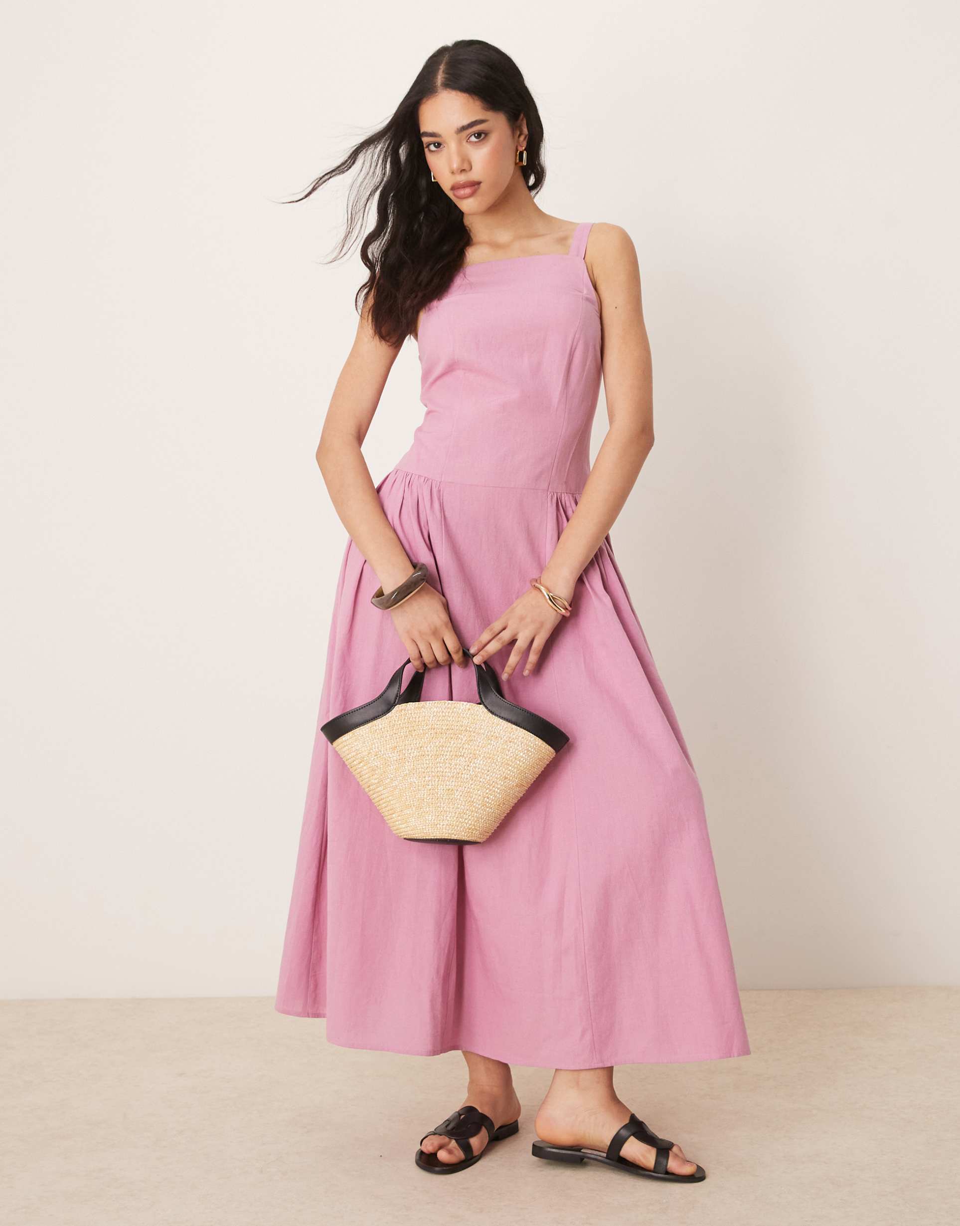 asos design square neck dropped waist midi dress in smokey pink