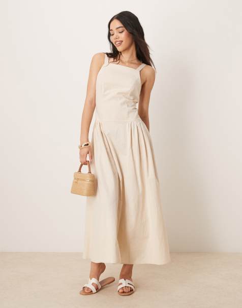 ASOS DESIGN square neck dropped waist midi sundress in oatmeal - view 1