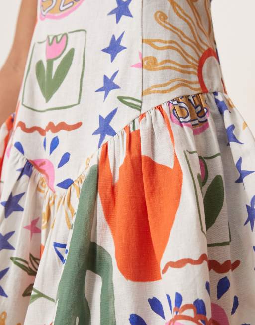 ASOS DESIGN square neck dropped waist mini dress in cactus print