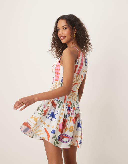 ASOS DESIGN square neck dropped waist mini dress in cactus print