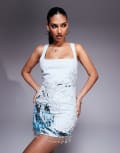 [ASOS DESIGN] ASOS DESIGN square neck embellished wave mini dress in blue 10 Pale blue
