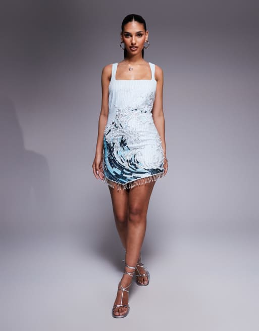 ASOS DESIGN square neck embellished wave mini dress in blue