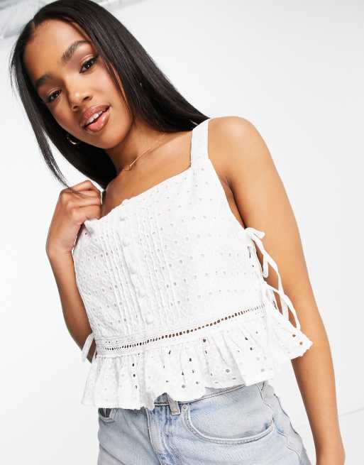 ASOS DESIGN eyelet tie front top in white