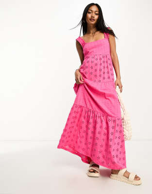 Asos Design Square Neck Eyelet Tiered Maxi Dress In Hot Pink