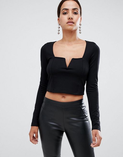 ASOS DESIGN square neck top with mesh sleeve in black