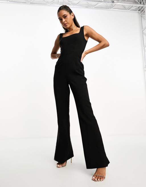 ASOS DESIGN twill collared jumpsuit with wide leg in black