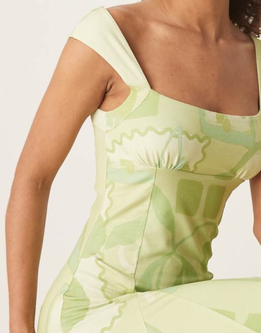 ASOS DESIGN square neck flare mini dress in green postcard print