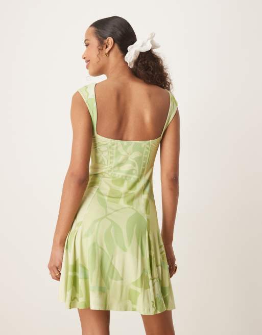 ASOS DESIGN square neck flare mini dress in green postcard print