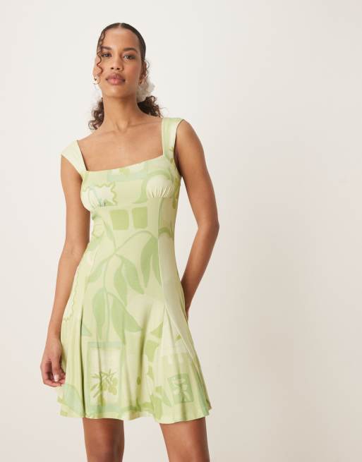 ASOS DESIGN square neck flare mini dress in green postcard print