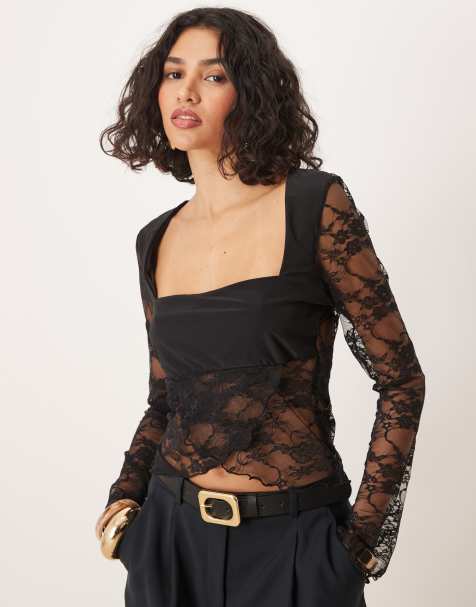 ASOS DESIGN square neck flared sleeve layered lace top in black - view 1