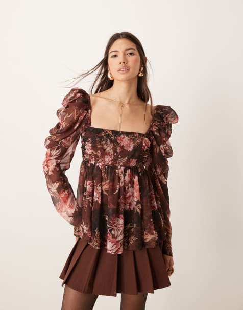 ASOS DESIGN square neck floaty chiffon long sleeve top in floral print - view 1