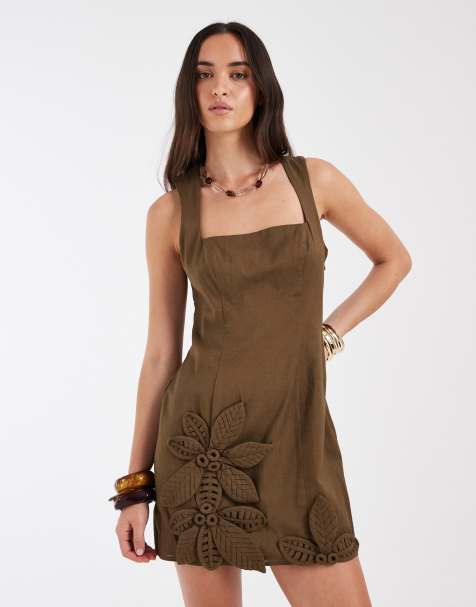 ASOS DESIGN square neck flower applique mini dress in olive