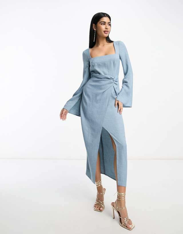 ASOS DESIGN square neck fluted sleeve knot detail midi dress in denim blue