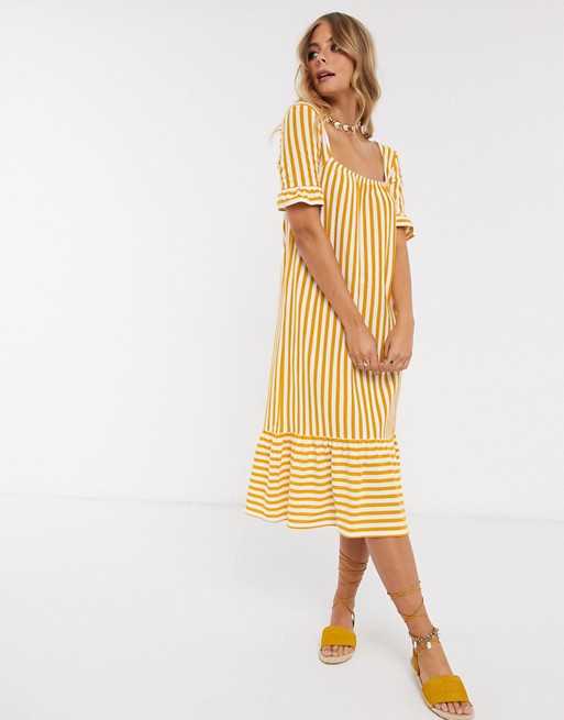 ASOS DESIGN square neck frill sleeve midi dress with pep hem in yellow stripe