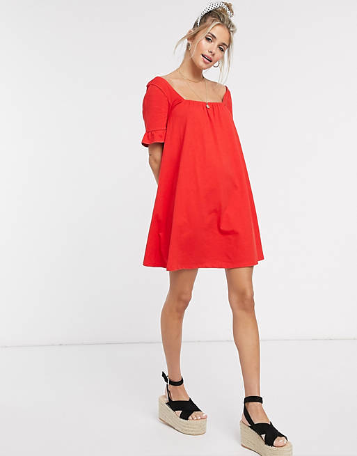 ASOS DESIGN square neck frill sleeve smock dress in red