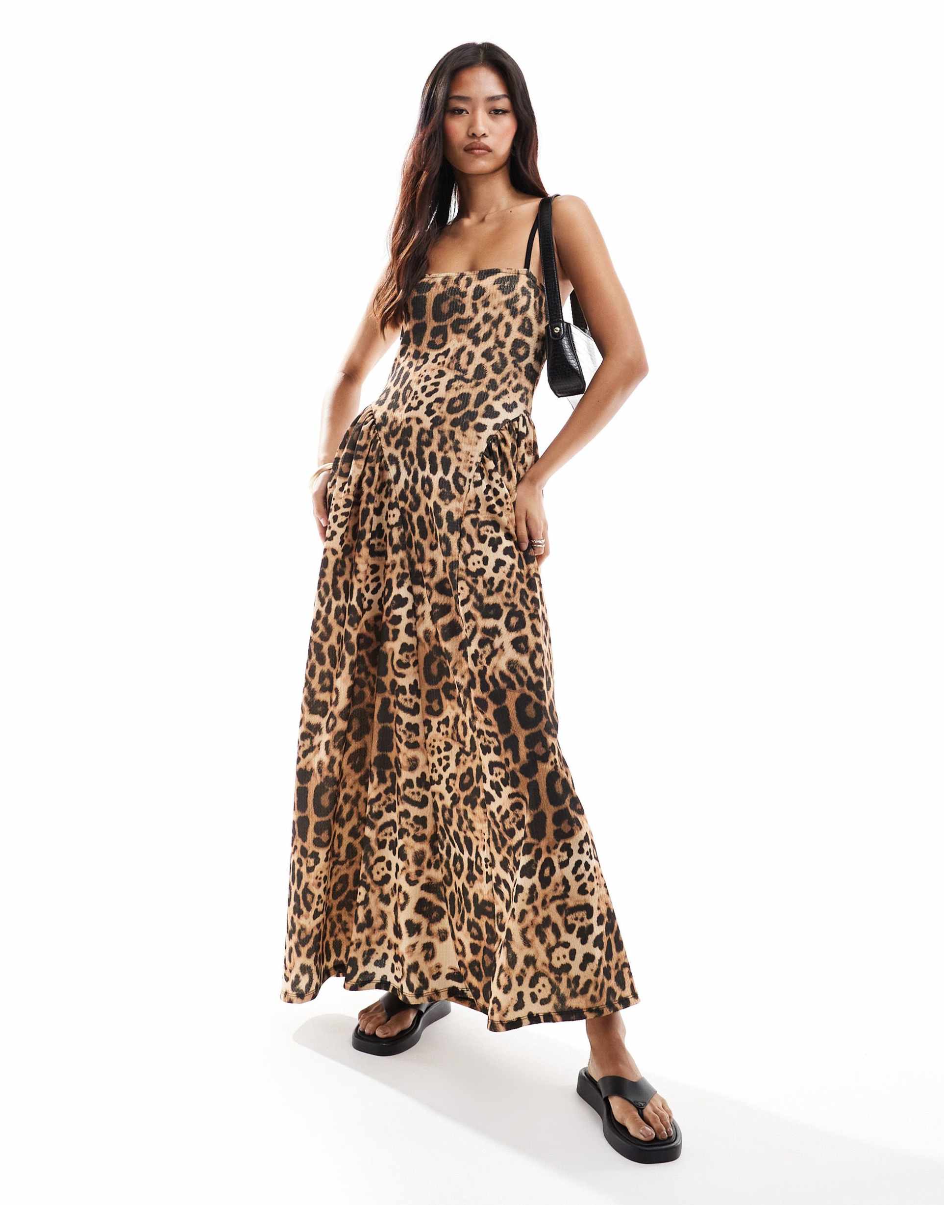 asos design square neck full skirt midi dress with flare panels in leopard print