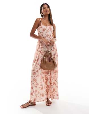 Asos Design Square Neck Full Skirt Midi Dress With Flare Panels In Pink Ditsy Floral Print-multi