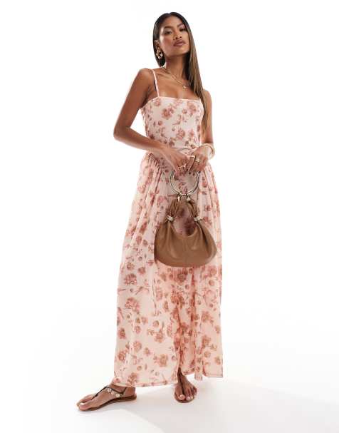 ASOS DESIGN square neck full skirt midi dress with flare panels in pink ditsy floral print - view 1