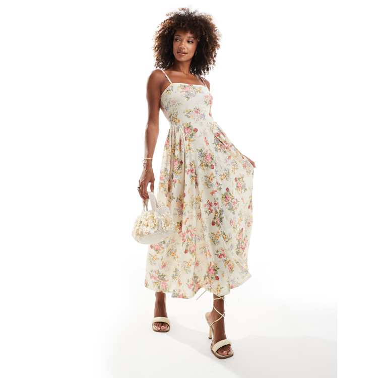 ASOS DESIGN square neck full skirt midi dress with godets in yellow ditsy print ASOS